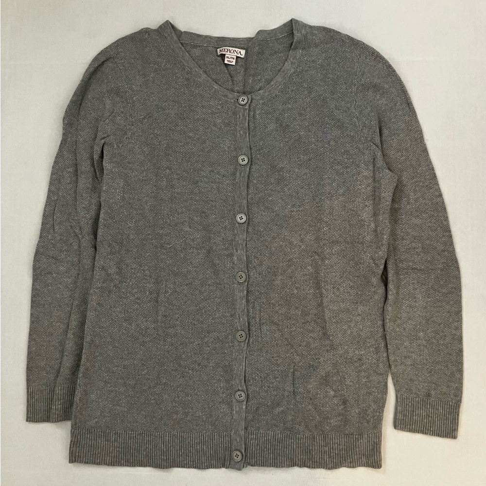 Merona Gray Waffle Knit Crewneck Button Up Cardigan XL -  Office Twee Preppy